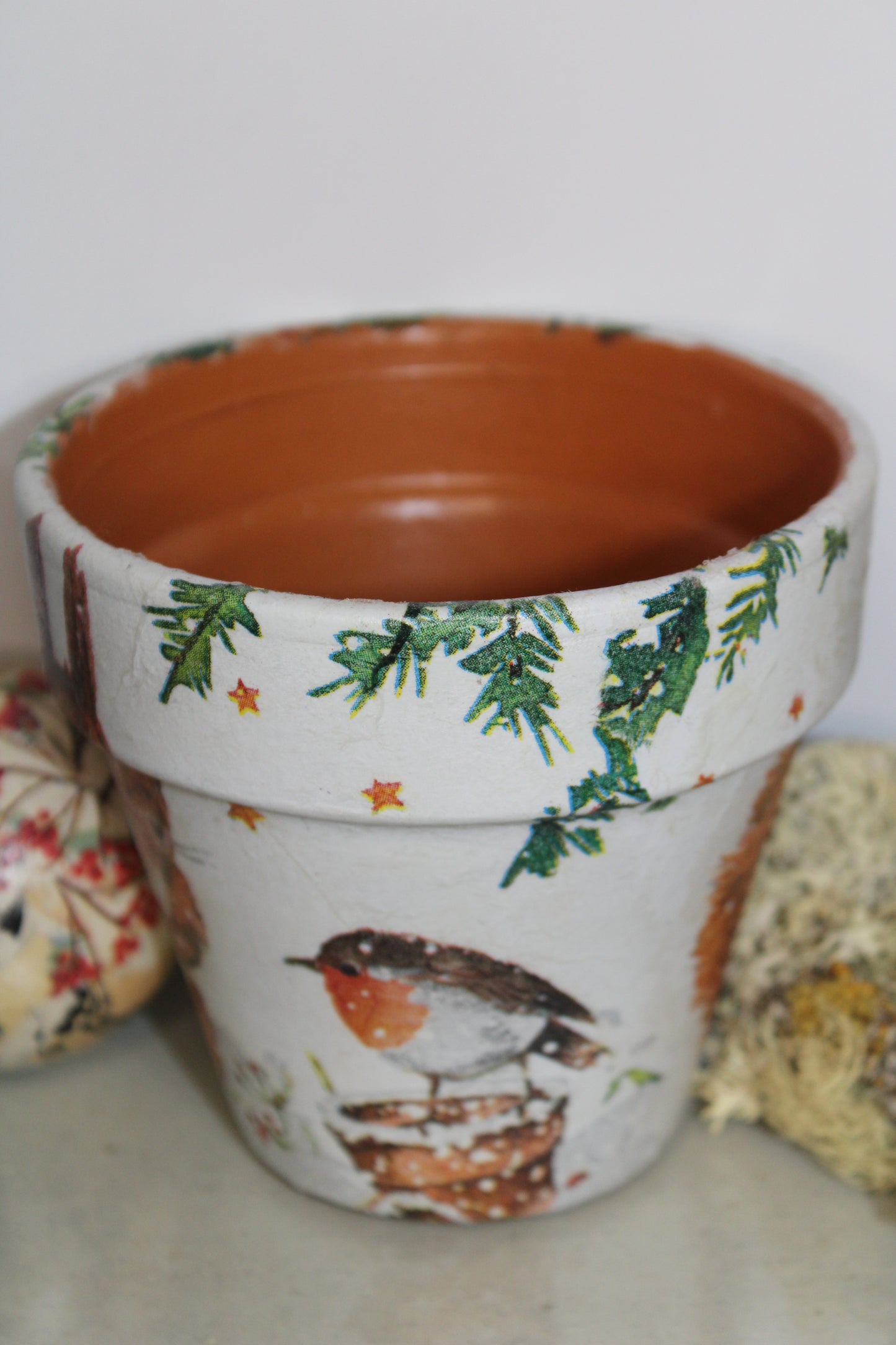 Christmas Squirrel Decoupaged Terra Cotta Pot