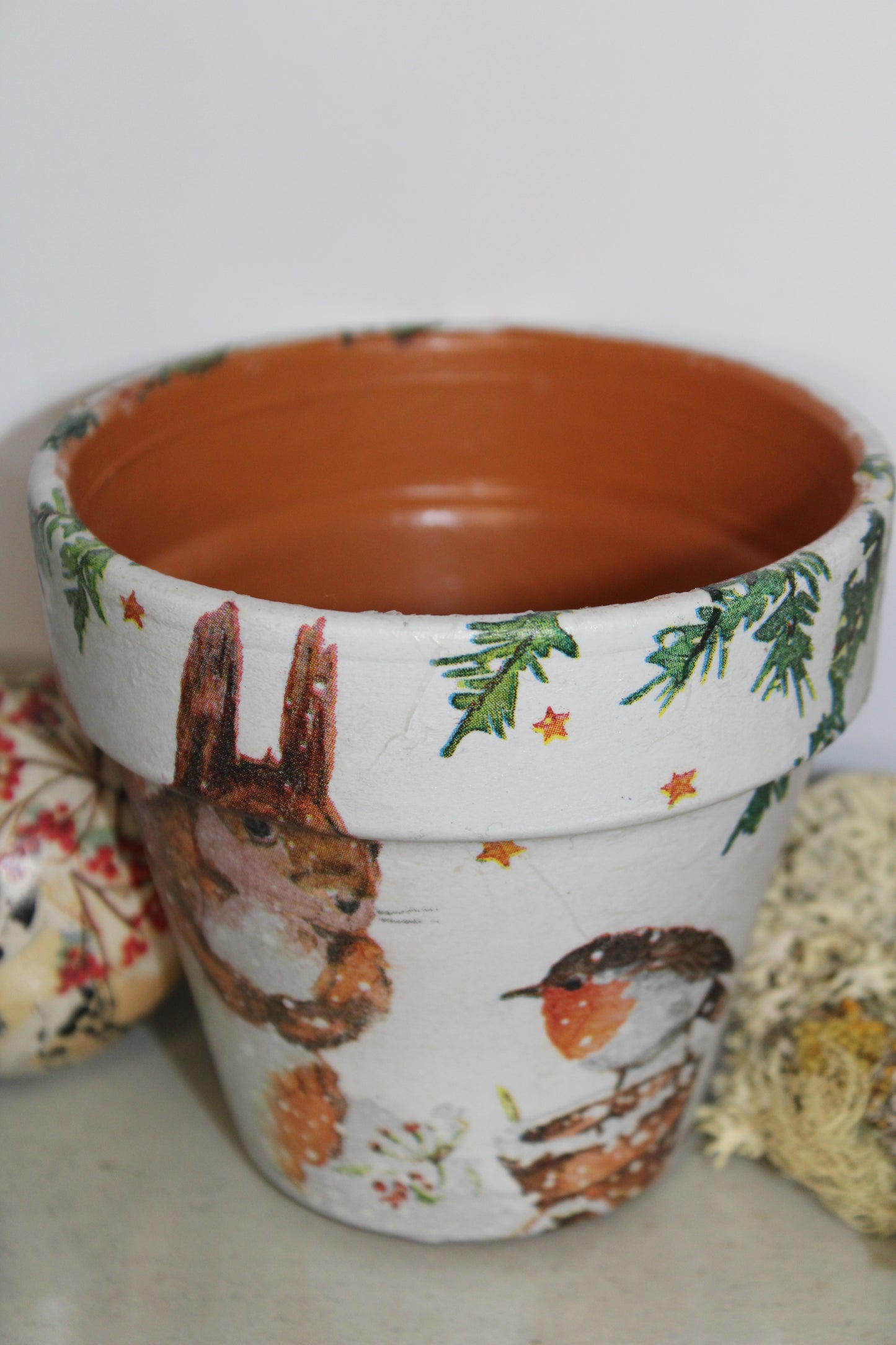 Christmas Squirrel Decoupaged Terra Cotta Pot