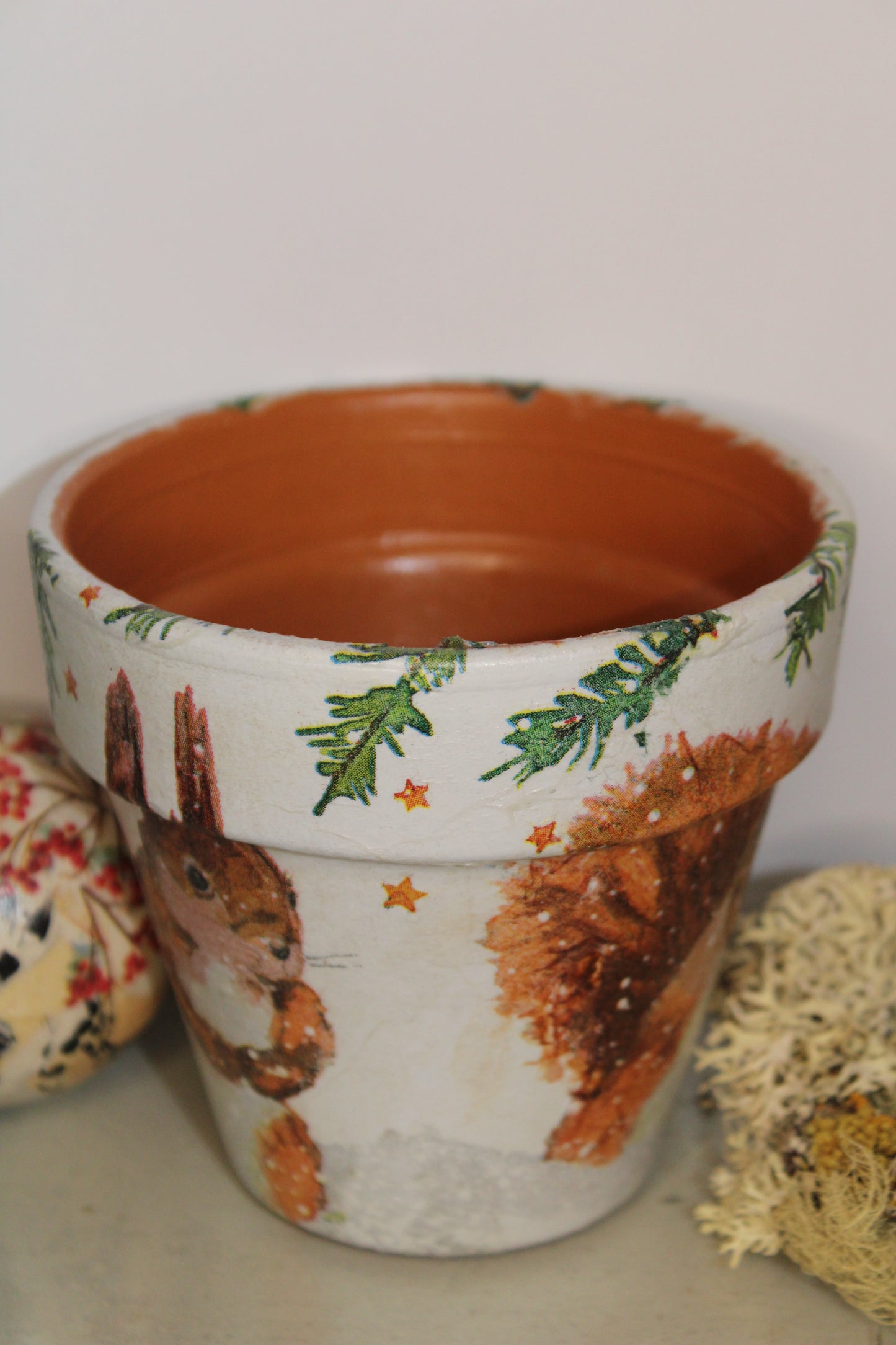 Christmas Squirrel Decoupaged Terra Cotta Pot