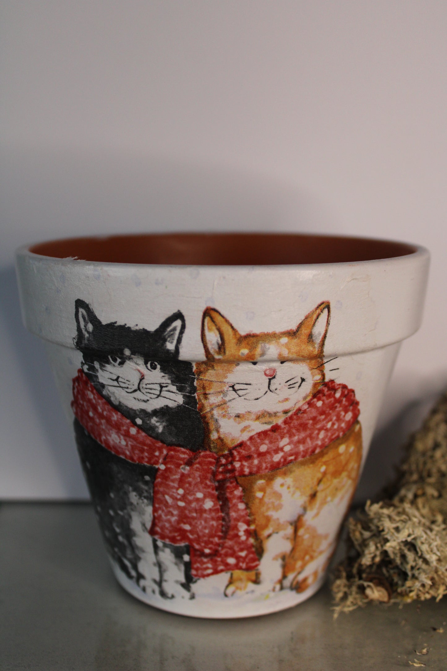 Christmas Cats hand-painted and decoupaged terra cotta pot