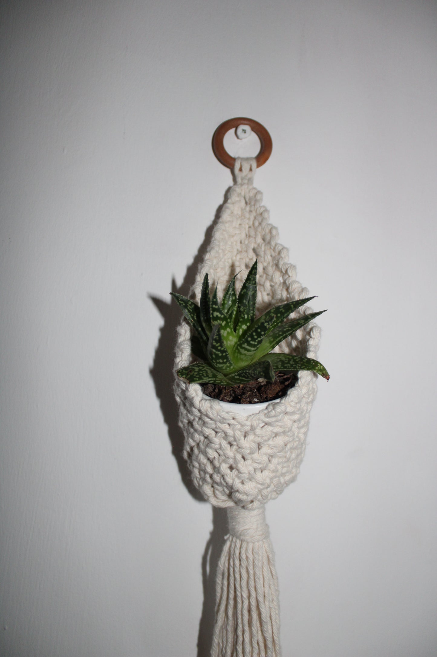 Off white mini macrame plant holder for pots no more than 7cm in diameter