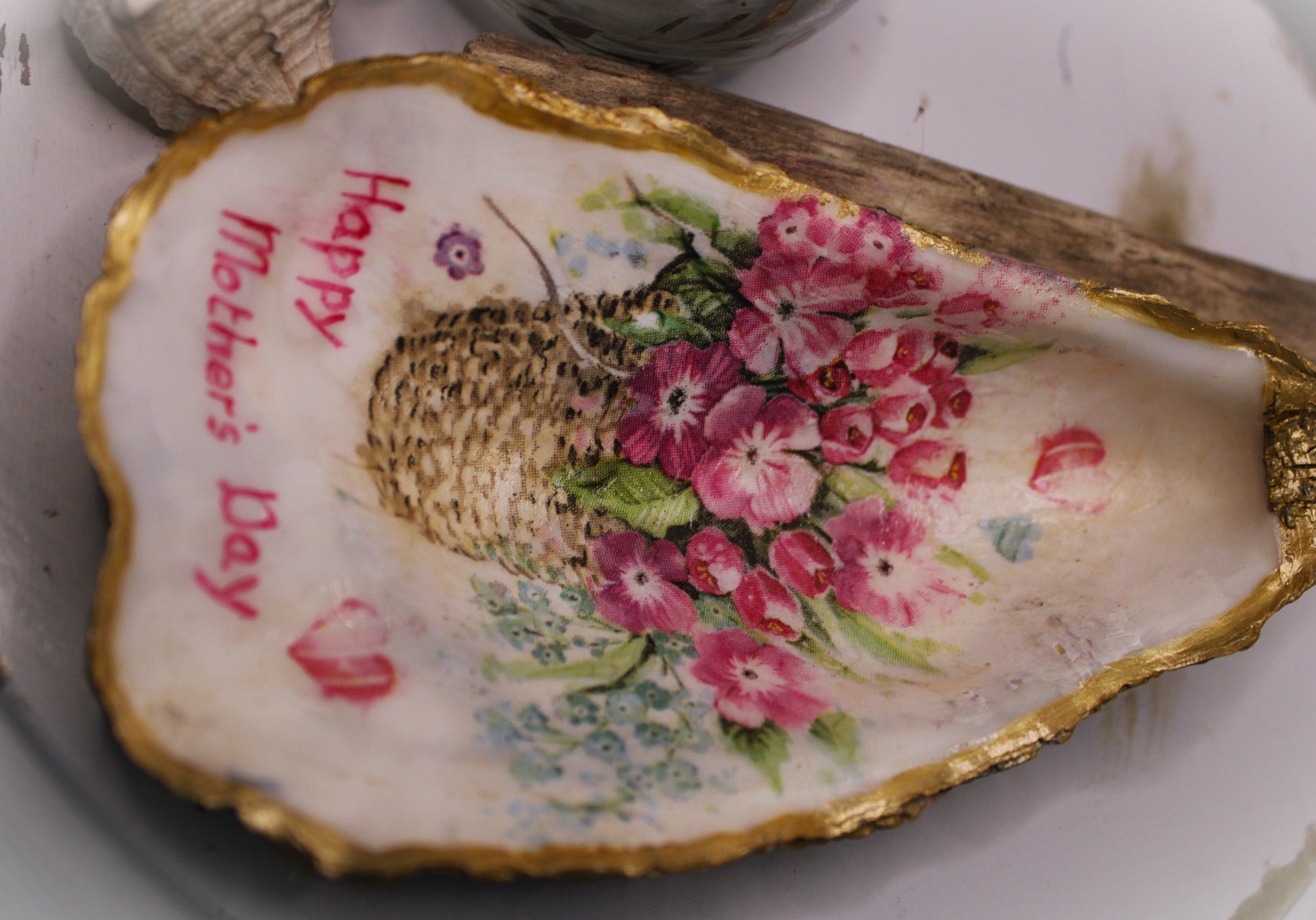 mothers day oyster shell jewellery holder.  